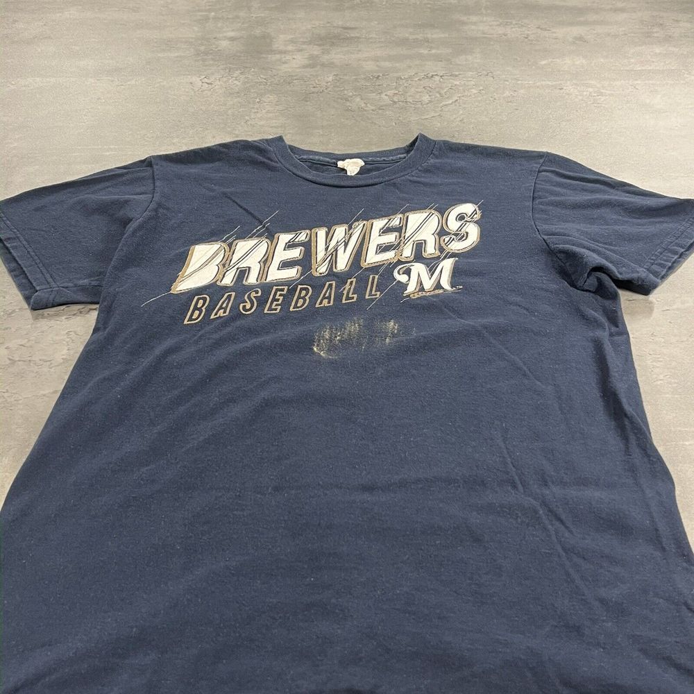 Milwaukee‎ Brewers Jersey Shirt Women M S Blue Distressed Baseball MLB Athletic